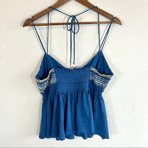 Free People blue spaghetti strap embroidered and beaded tank top size large - Picture 9 of 12
